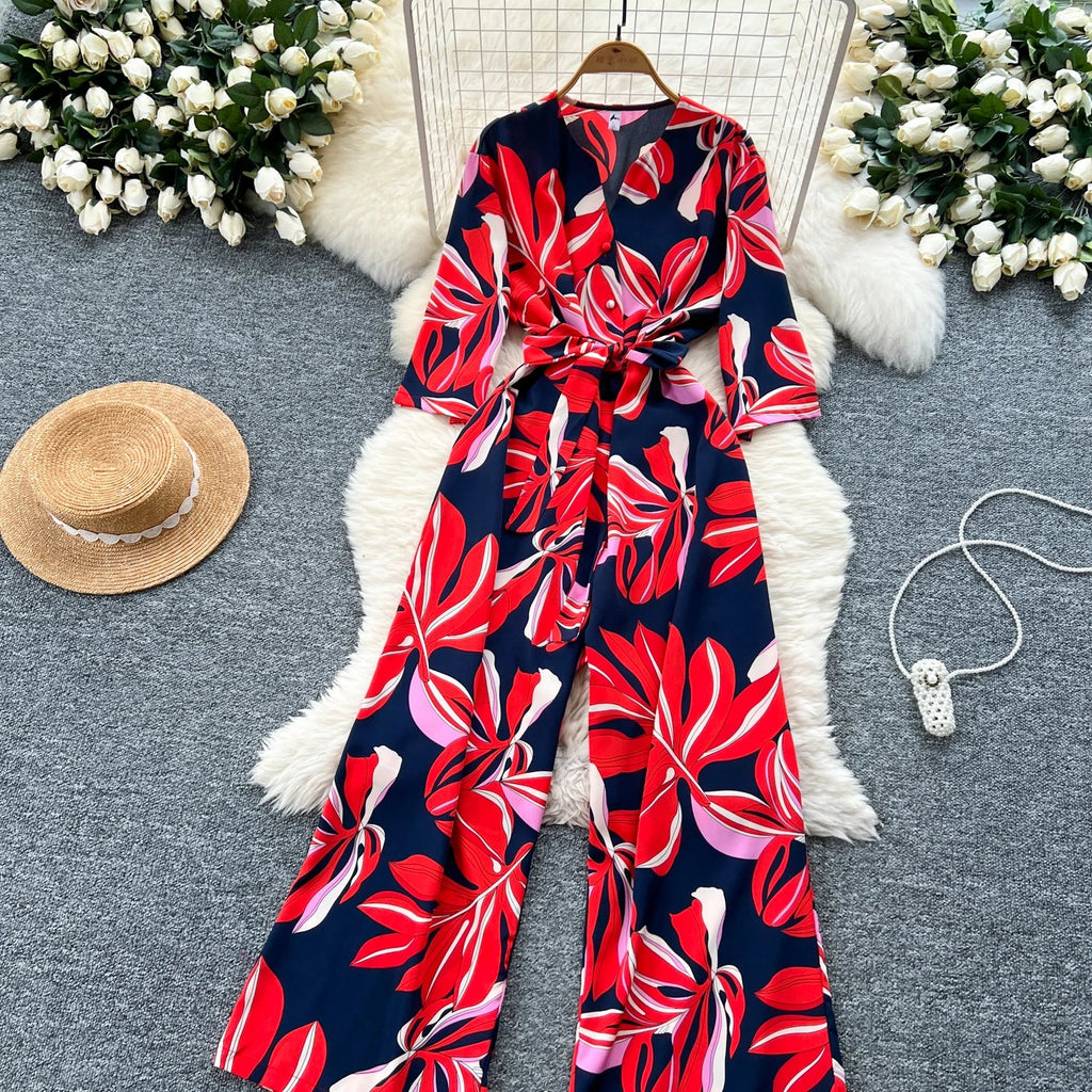 Women's Summer V-Neck Short Sleeve Lace-Up Waist Slim Fit Wide-Leg Printed Jumpsuit with Loose Straight Leg Design