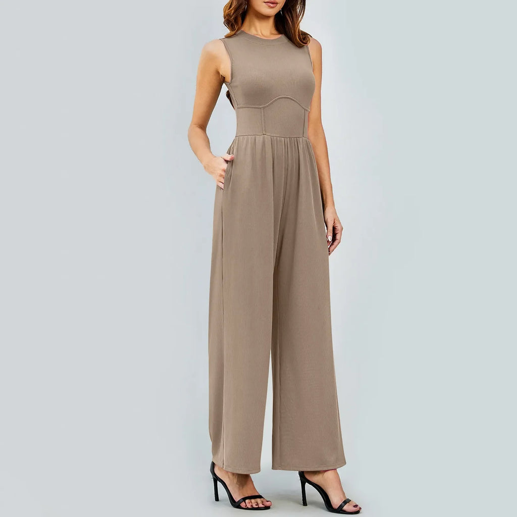 Women Sleeveless High Neck Ribbed Tank Top Jumpsuit Wide Leg Pants Romper with Tummy Control and High Waist Casual Summer Outfit