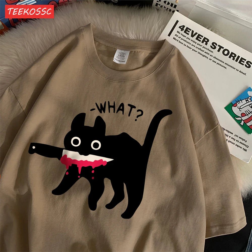 Summer Cotton Women's T-Shirts with Black Cat Print Casual Oversize O-Neck Streetwear for Daily Life and Dating