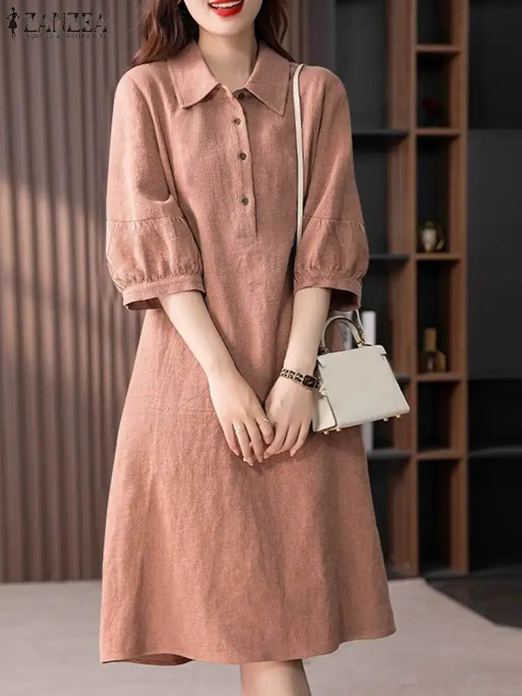 Women Cotton Shirt Dress Midi Three Quarter Sleeve Elegant