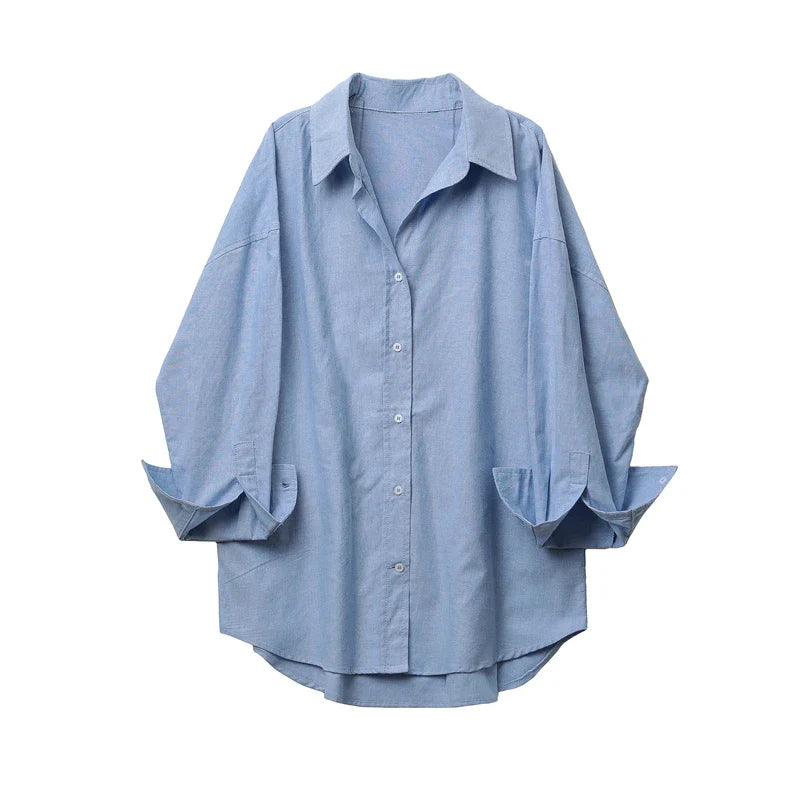 Women's Loose Fit Oxford Long Sleeve Shirt with Lapel Collar Elegant Vintage Blouse for Office and Fall Wear