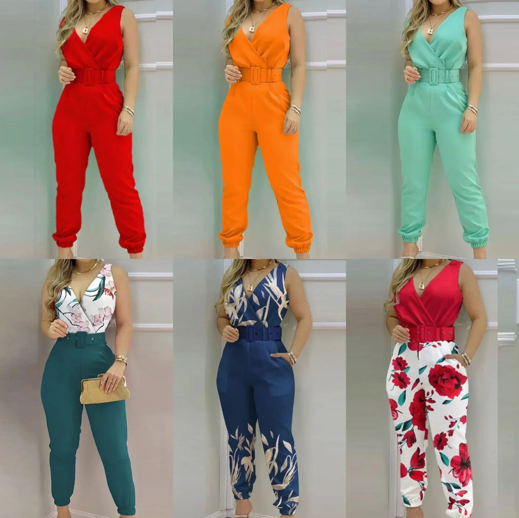 Summer V-Neck Backless Printed High Waist Jumpsuit for Women Sexy Bodysuit Overalls Streetwear Elegant Fit