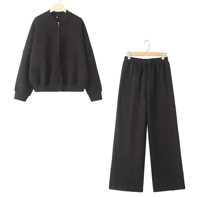 Autumn Women's Thick Hoodie Coat with Drawstring High Waist Loose Casual Pants Set Soft Fleece Lined Streetwear