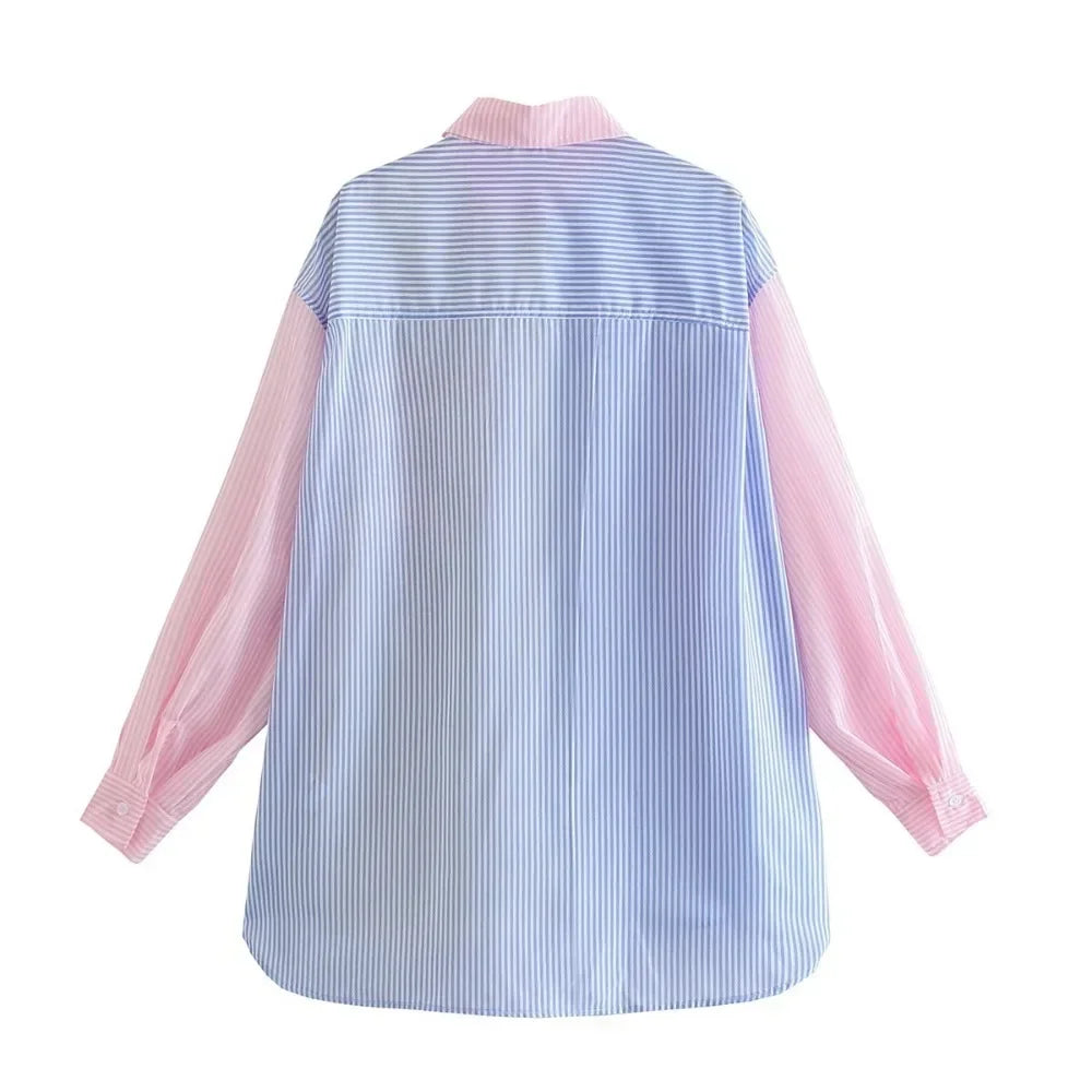 Women Casual Colorblock Striped Long Sleeve Button Up Tunic Shirt with Turn Down Collar Daily Wear Top