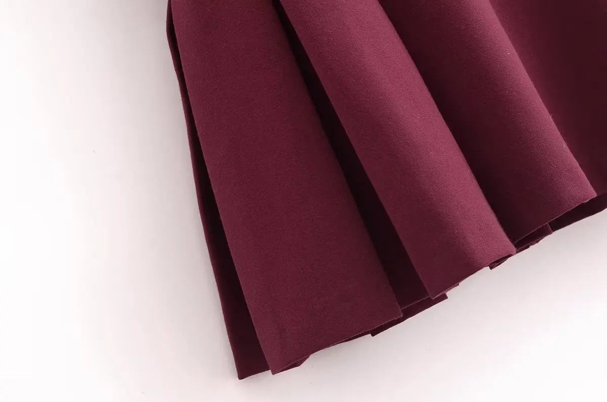 Retro Ribbed Pleated Dress For Women With Contrast Trim