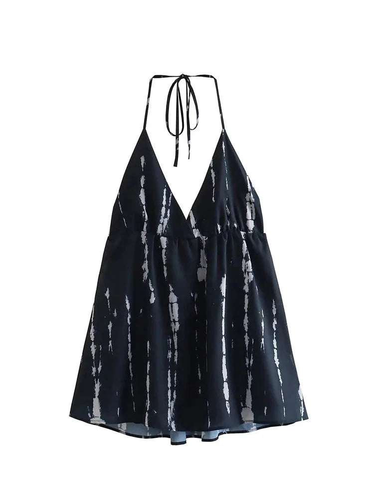 Backless Tie Dye Halter Mini Dress Deep V Neck Beach Party
