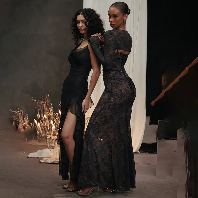 Lace Side Square Neck Dress for Elegant Evening Party