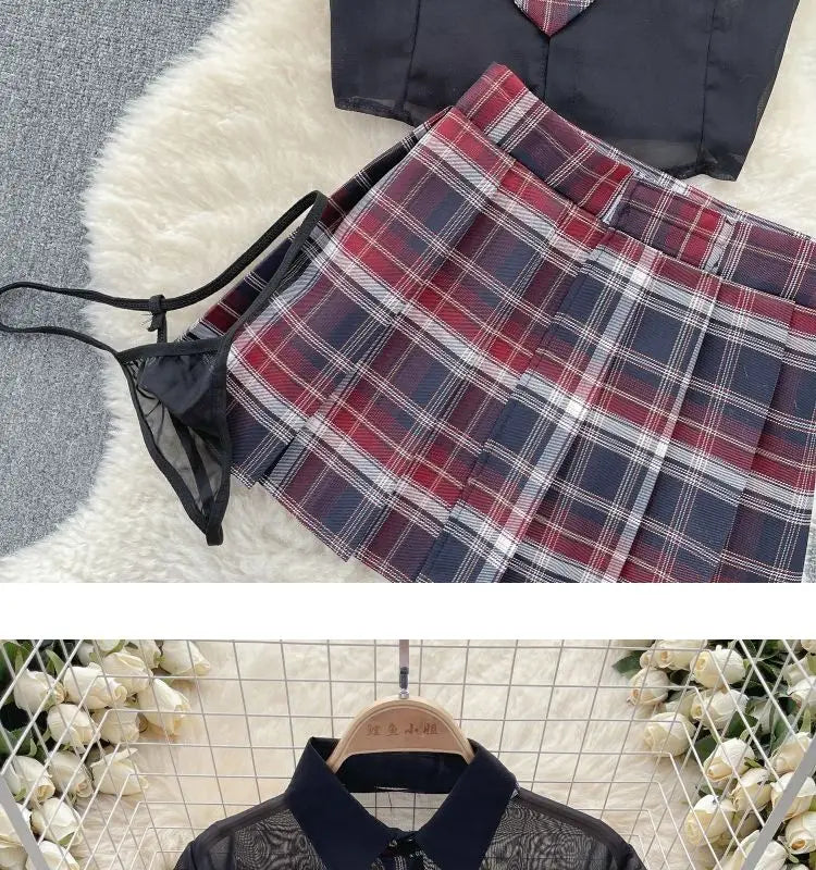 Sexy Preppy Style JK Set for Women Polo Neck See-Through Crop Top Plaid Pleated Short Skirt Student Cosplay Outfit