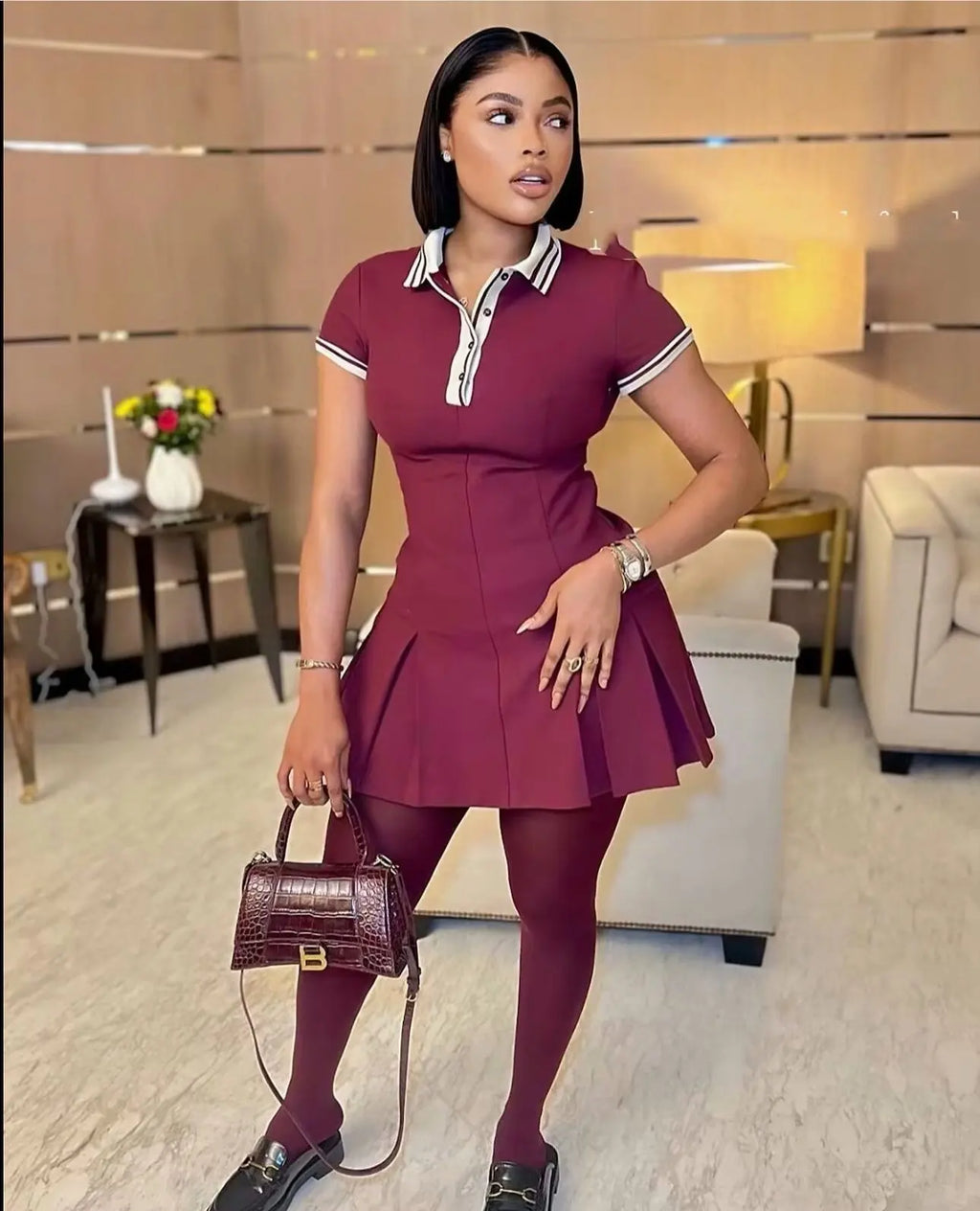 Retro Ribbed Pleated Dress For Women With Contrast Trim