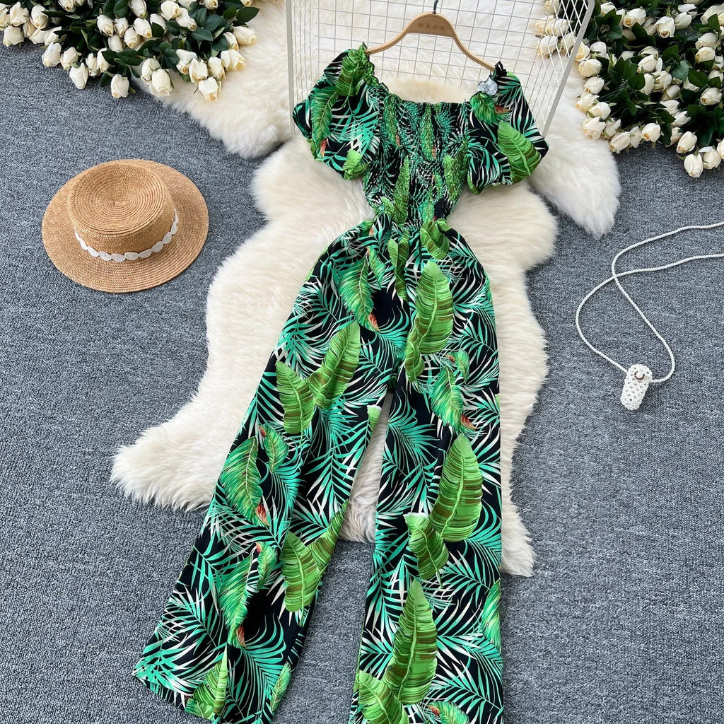 Square Neck Loose Pleated Jumpsuit with Ruffles Backless Design Wide Leg Long Pants Elegant Chic Printed Playsuit for Women