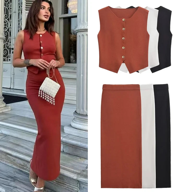 Women's 2 Piece Knit Skirt Set with Cropped Sleeveless Vest and High Waist Slim Fit Skirt in Solid Color with Gold Button Detail