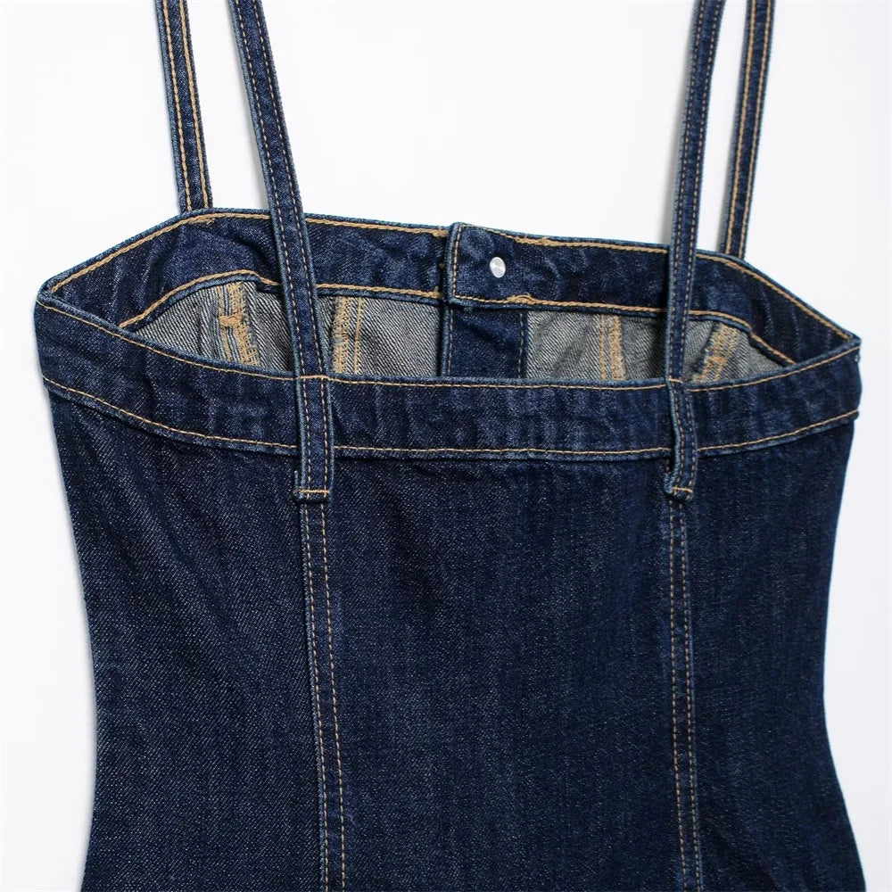 Loose Fitting Waist Belt Cotton Denim Long Jumpsuit for Women Comfortable Autumn and Winter Fashion