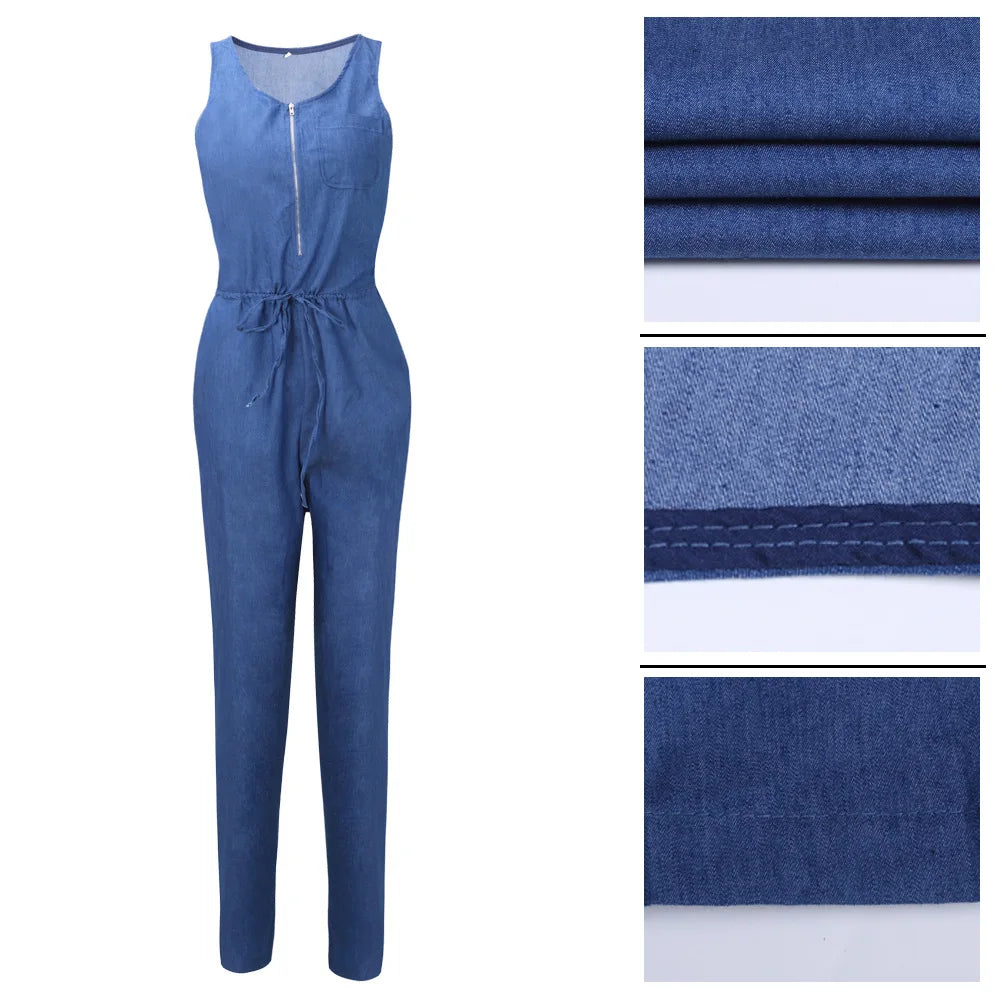 Womens Sleeveless Denim Jumpsuit Waist-Cinching Romper with Long Pants Stylish Summer Outfit