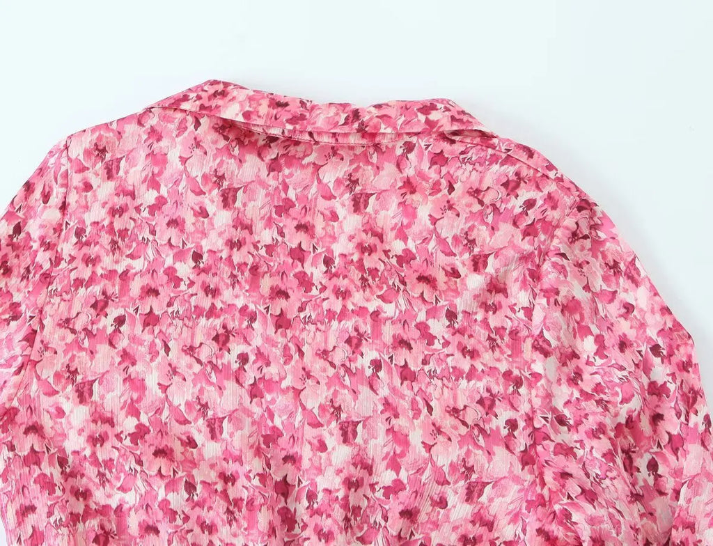 Floral Print Midi Dress V Neck Long Sleeve With Waist Tie