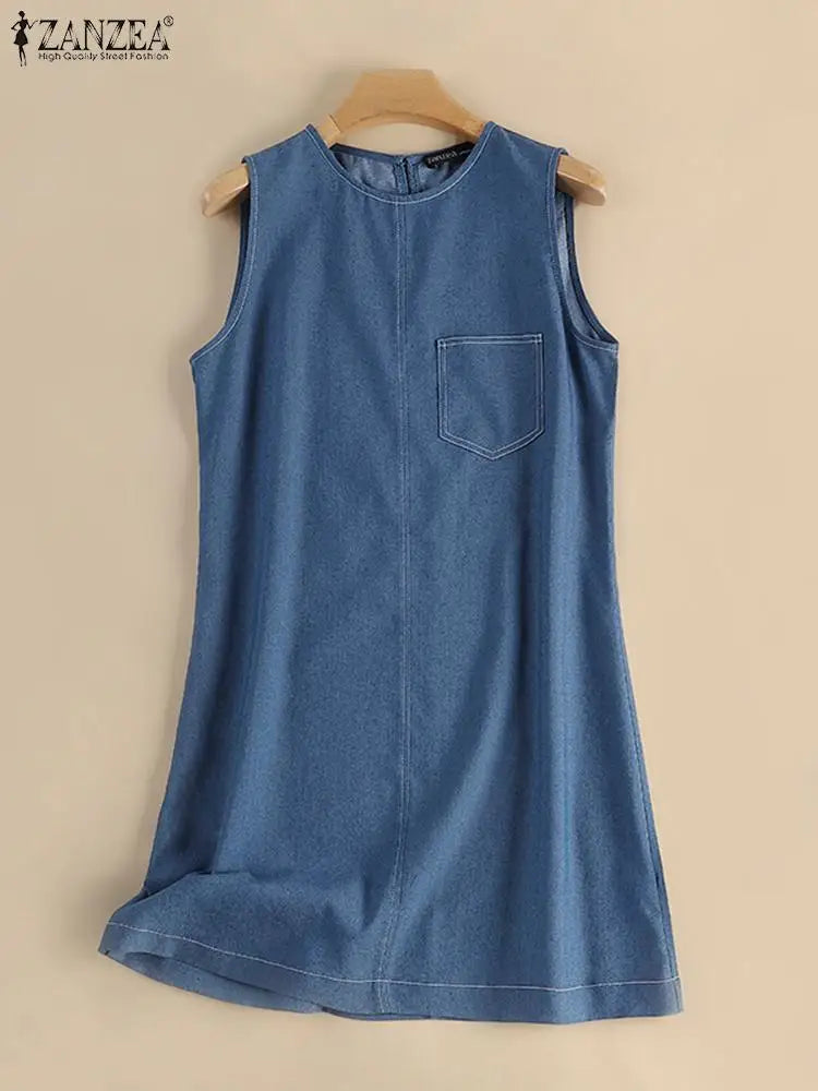 Denim Midi Dress for Women Sleeveless O Neck Blue Casual