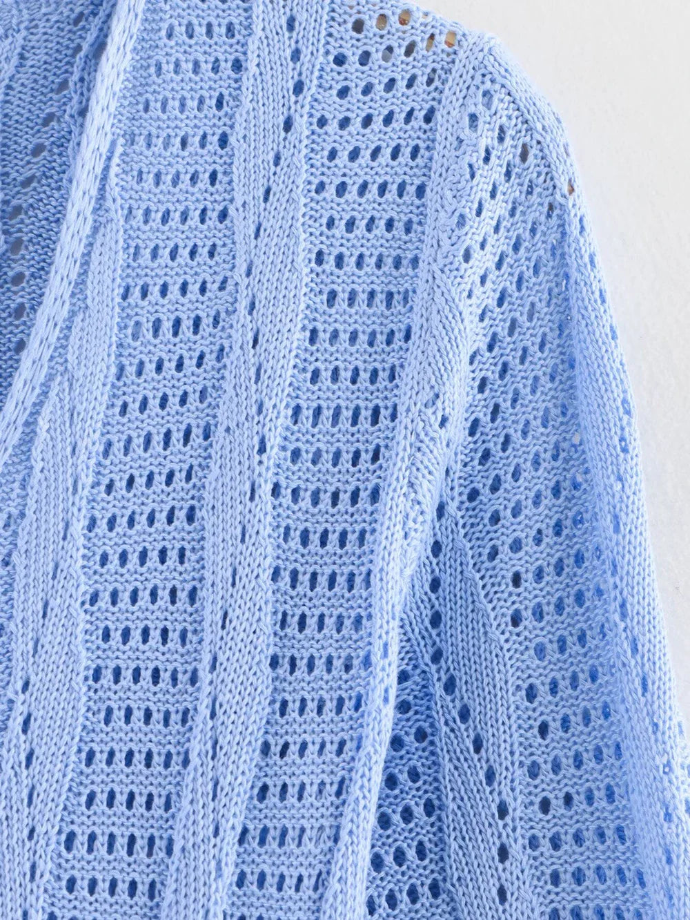 Blue Knit Beach Maxi Dress V Neck Long Sleeve Sheer