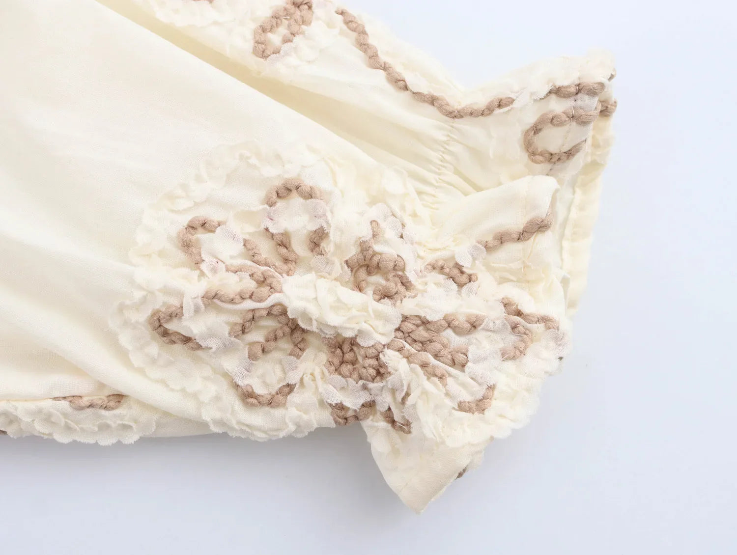 Womens Flower Embroidered Cropped Blouse Loose Tassel Lantern Sleeve Round Neck Chic Top