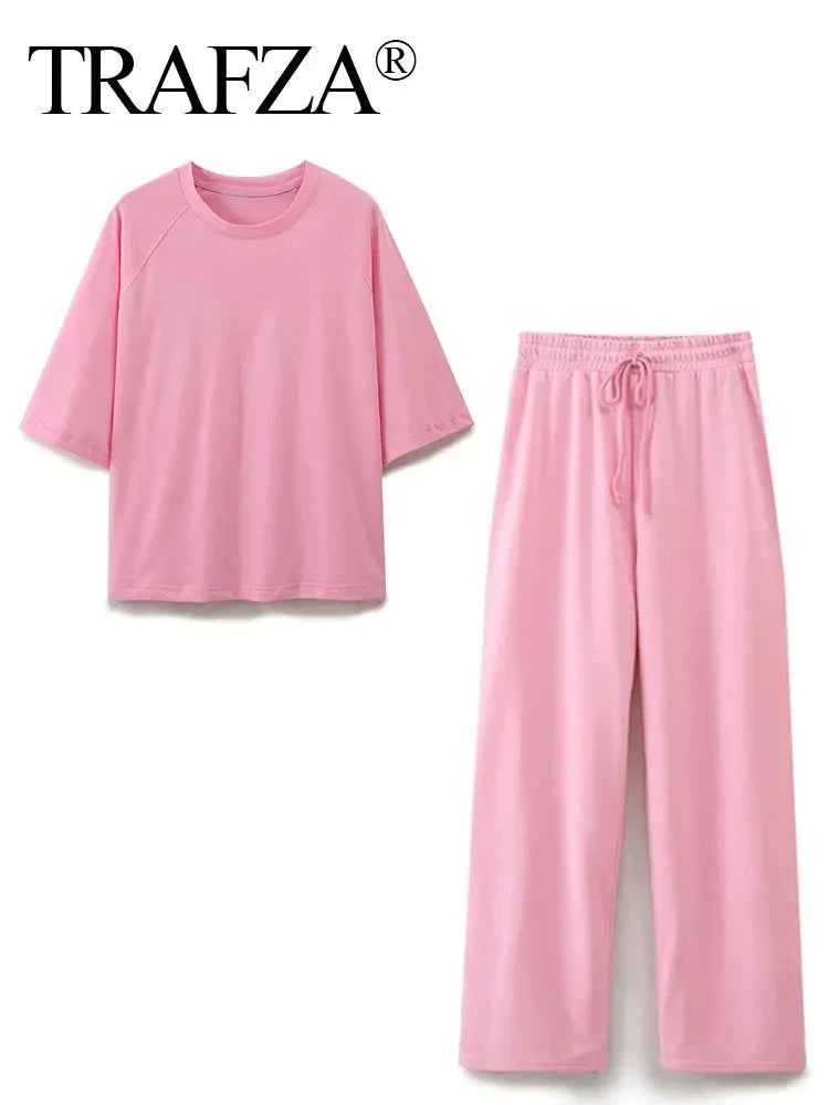 Women's Solid Casual Trouser Set with Short Sleeve T-Shirt and Elastic Waist Wide Leg Pants