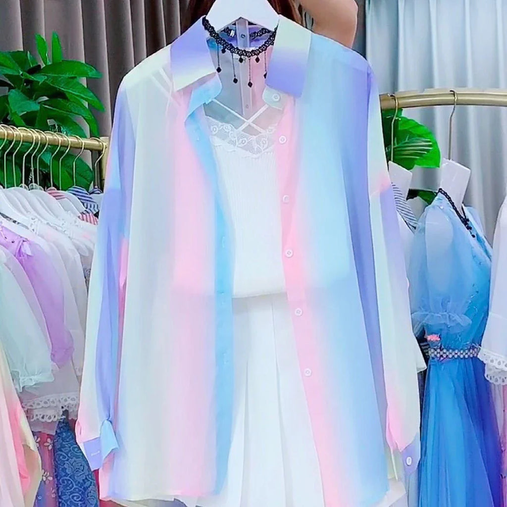 Sheer Long Sleeve Gradient Rainbow Blouse Casual Loose Fit Office Shirt for Women