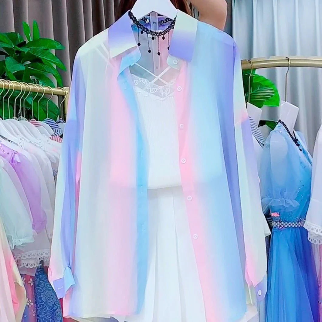 Sheer Long Sleeve Gradient Rainbow Blouse Casual Loose Fit Office Shirt for Women