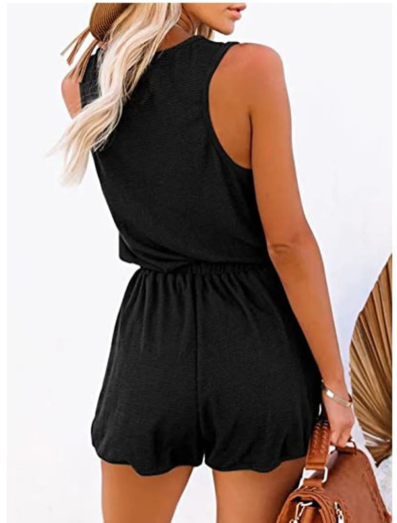 Sleeveless Summer Jumpsuit for Women with Waist Tie Casual Loose Fit Wide Leg Shorts