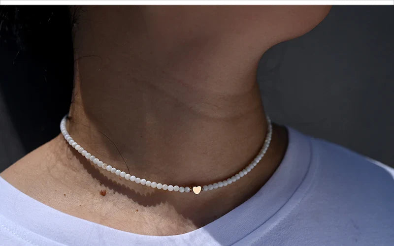 Natural Shell Beads Heart Choker Necklace for Women with Stainless Steel and Copper Star