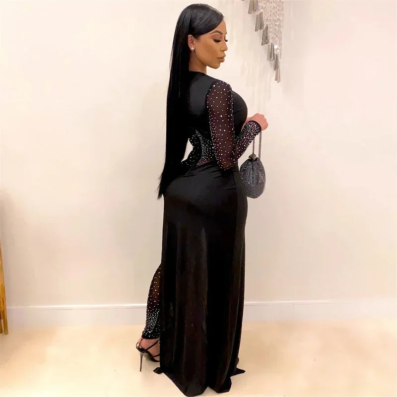 Sexy Rhinestone Long Sleeve Sheer Mesh Patchwork Skinny Jumpsuit Romper for Women Luxury Night Party Club Overalls Birthday Outfit