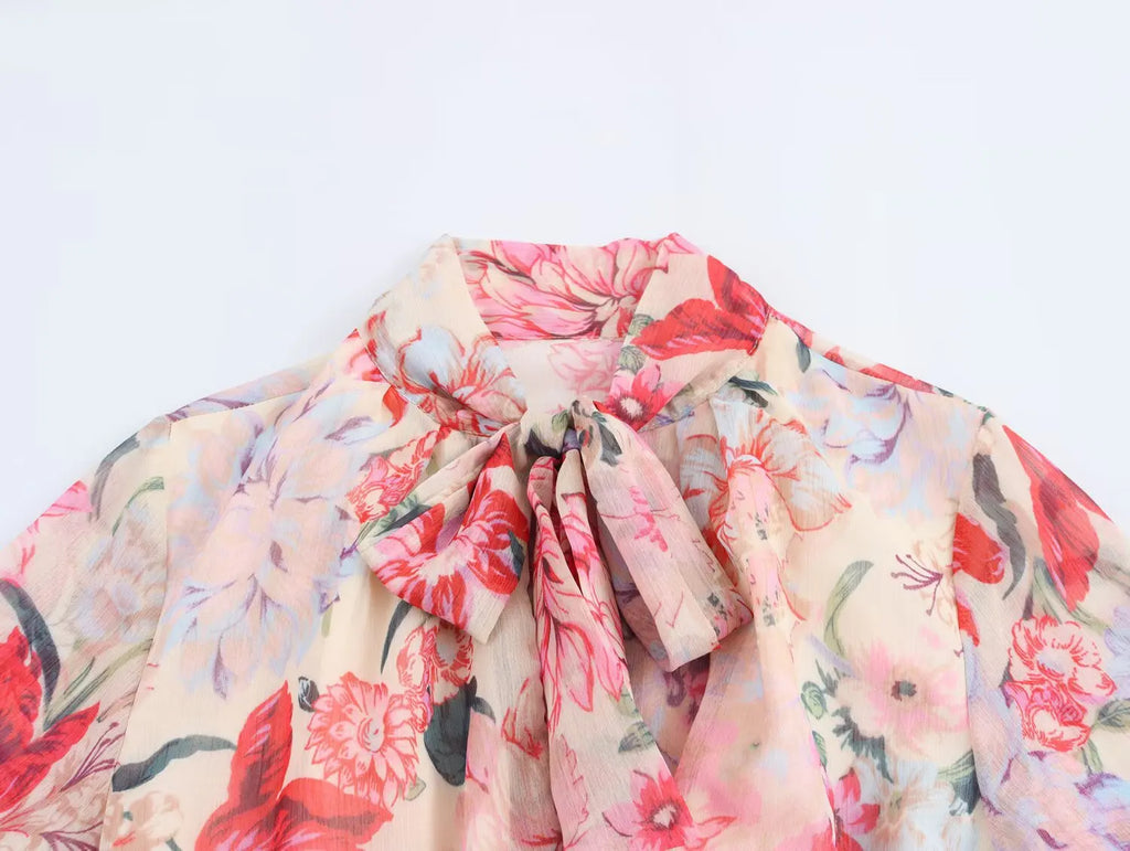 Floral Print Midi Dress With High Neck And Tie Front Belt