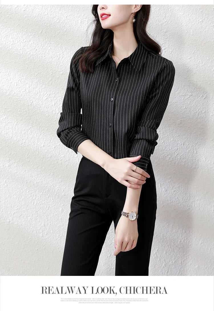Striped Long Sleeve Women Shirt Button Up Blouse Lightweight Chiffon Tops Elegant Casual Office Wear