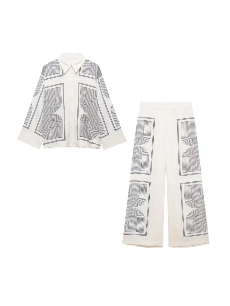 Stylish Women's Suit Set with Long Sleeve Shirt and Wide Leg Pants in Creamy Base and Geometric Patterns