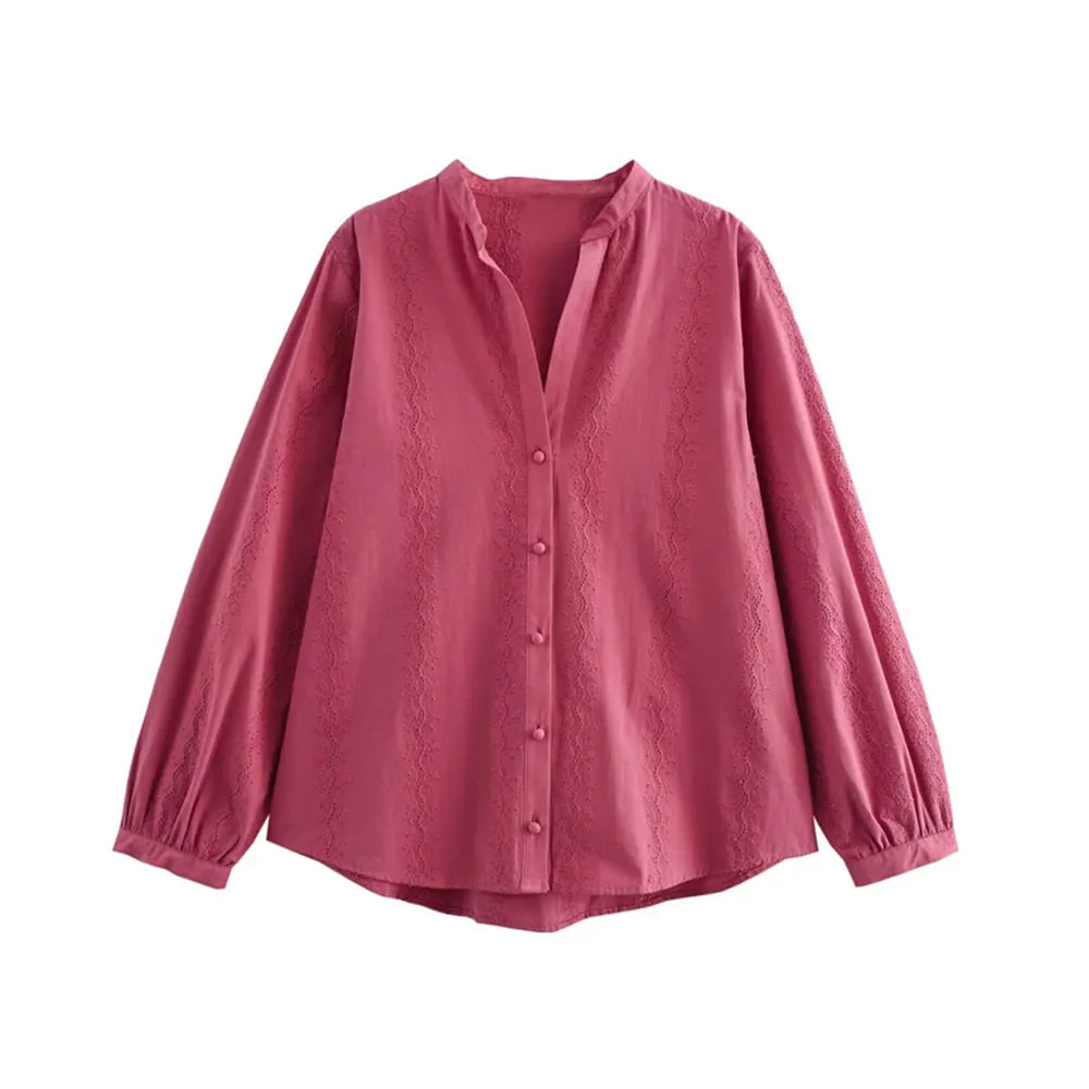 Womens Long Sleeve Cutwork Embroidery Shirt Chic Blouse with Front Covered Buttons Elegant Fashion Top