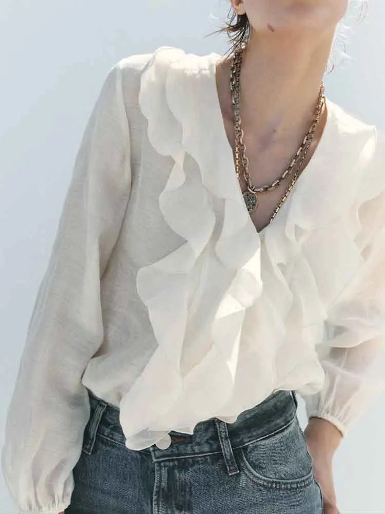 Women's Fashion V-Neck Puffy Long Sleeve Shirt with Layered Decoration and Elegant Temperament