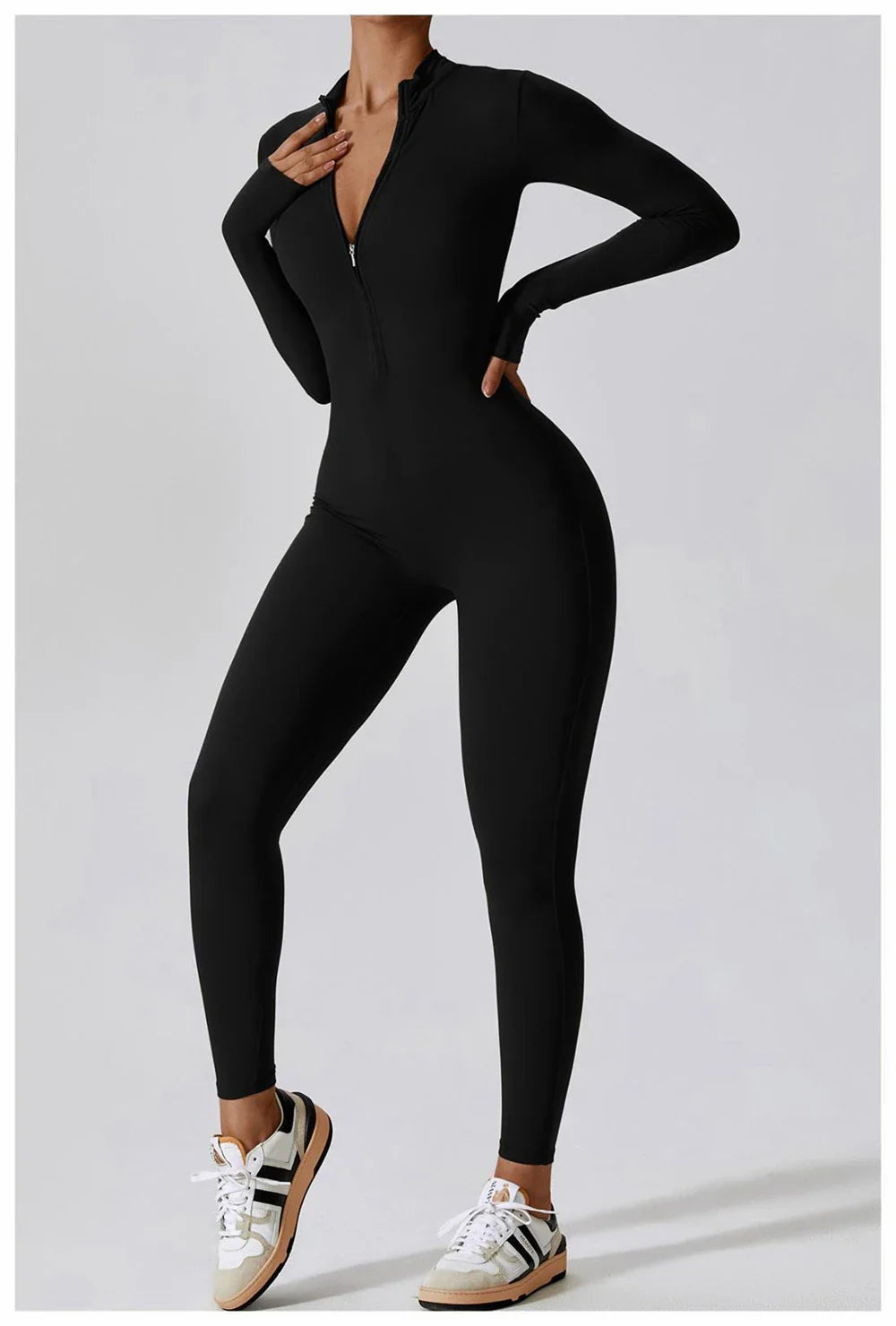 Womens Long Sleeve Slim Fit Yoga Jumpsuit Stretch One Piece Romper with Front Zipper Sexy Fitness Activewear Sportwear