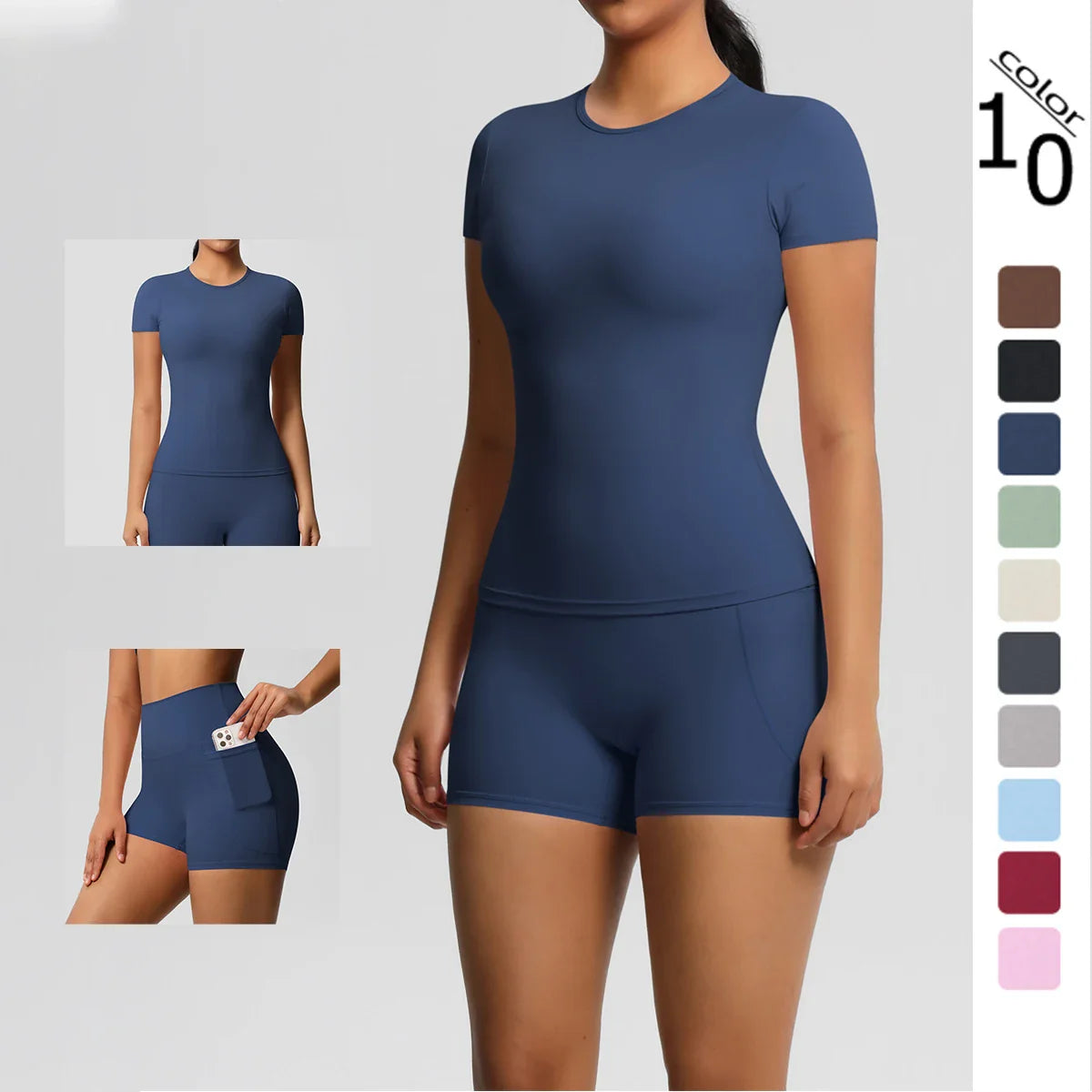 2PCS Women's Yoga Set with Pocketed Shorts and Short Sleeve Crop Top Sports Bra Comfortable Fitness Tracksuit Activewear for Gym and Outdoor Workouts