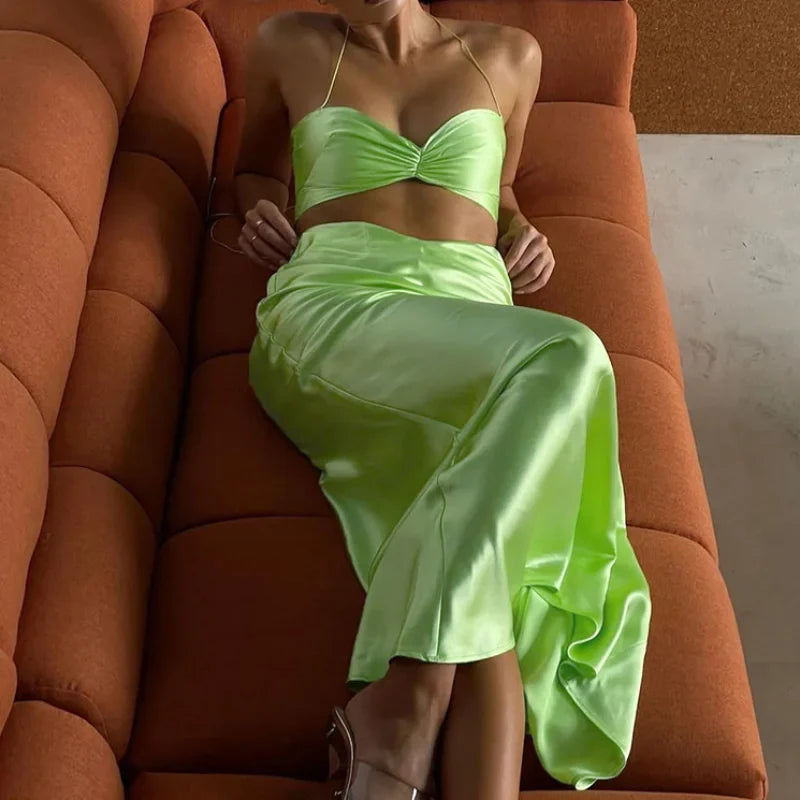 Two Piece Strapless Rope Halter Satin Bikini Set For Beach