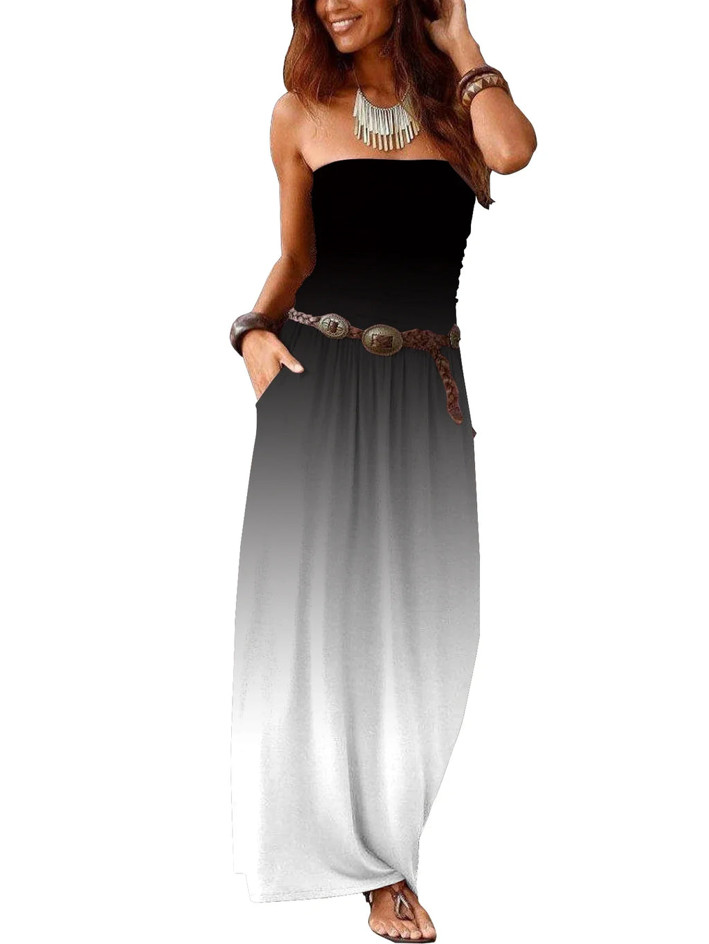 Strapless Maxi Dress With Pockets Off Shoulder Pleated