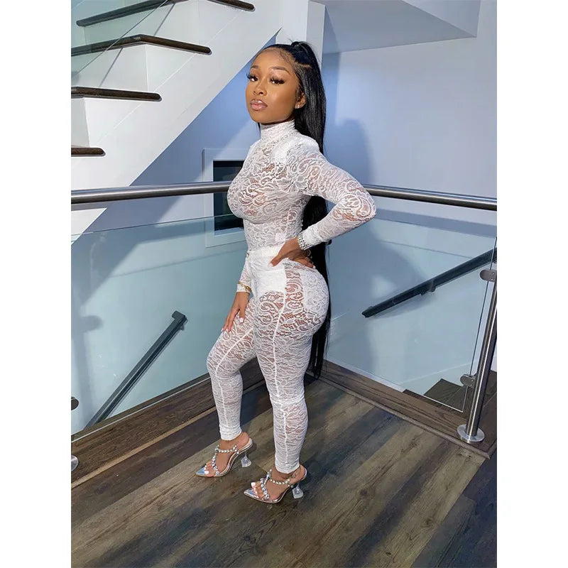 Lace Hollow Out Bodysuit and Pants Set for Women - Slim Fit Midnight Party Bodycon Outfit for Cocktail Events