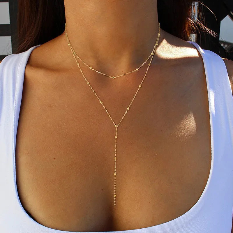 Fashion Simple Geometric Tassel Bead Necklace for Women Long Chain Jewelry Accessories