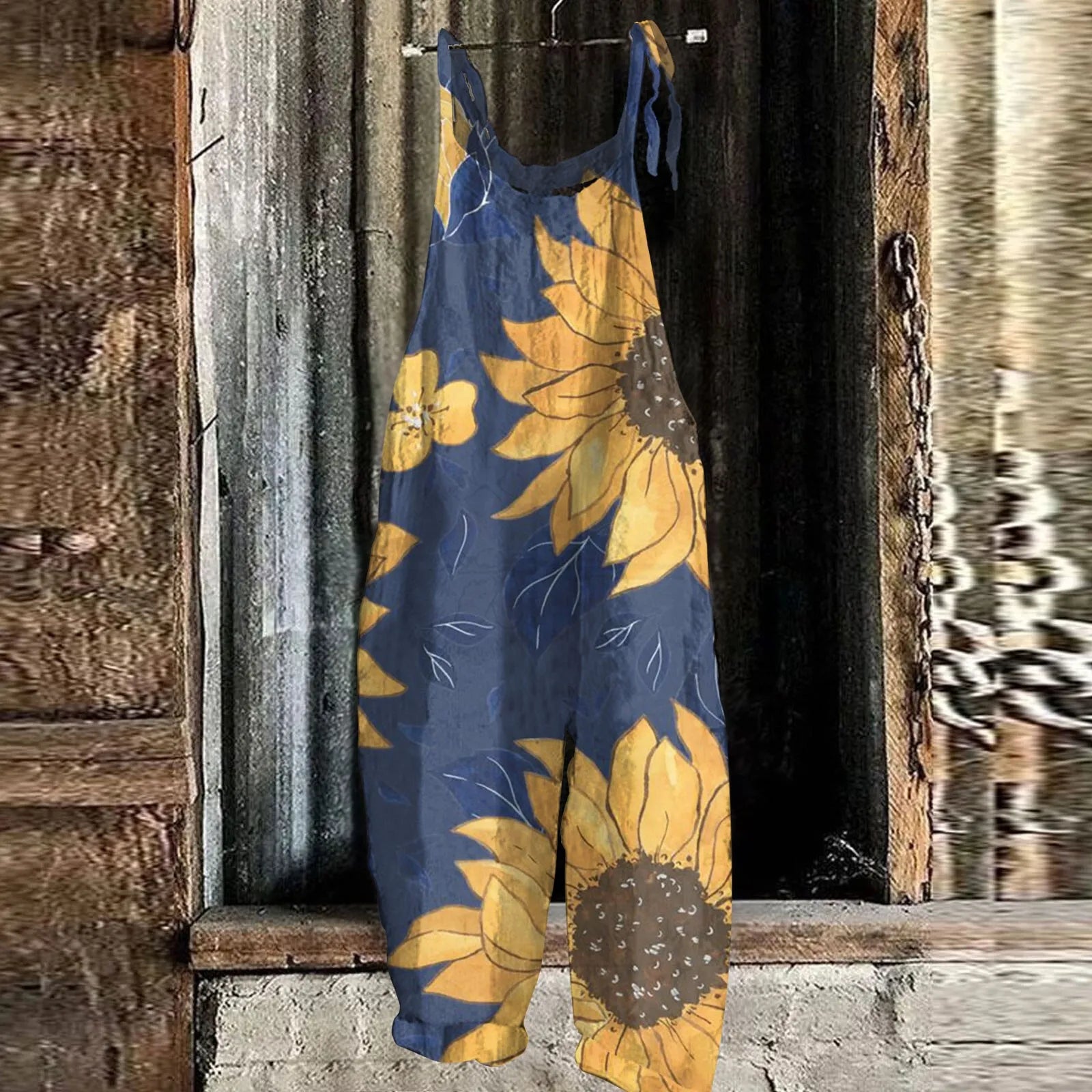 Sunflower Print Slim Fit Cotton Linen Overalls Women Casual Loose Jumpsuit Stylish Romper with Adjustable Shoulder Straps Comfortable Everyday Wear