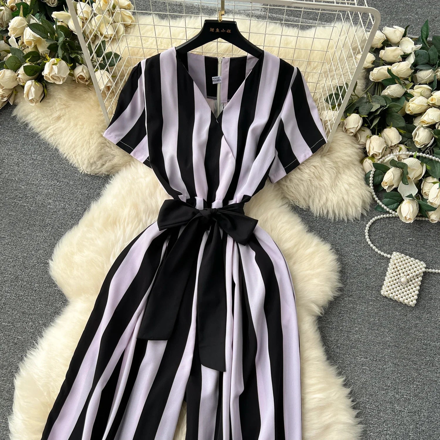 Sleeveless V Neck Stripe Jumpsuit for Women with Lace Up Bow Detail Summer Long Romper High Street Korean Inspired Style