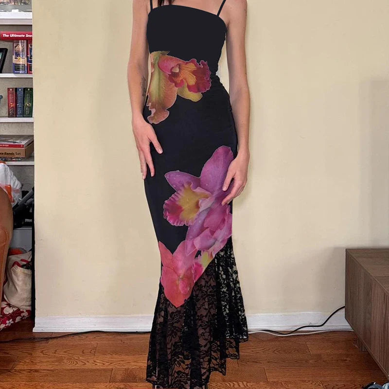 Black Lace Backless Maxi Dress Sleeveless Summer Clubwear