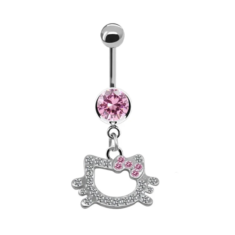 Sweet Butterfly Crown Heart Drop Belly Button Ring with Pink White Crystal Stone Dangle for Women