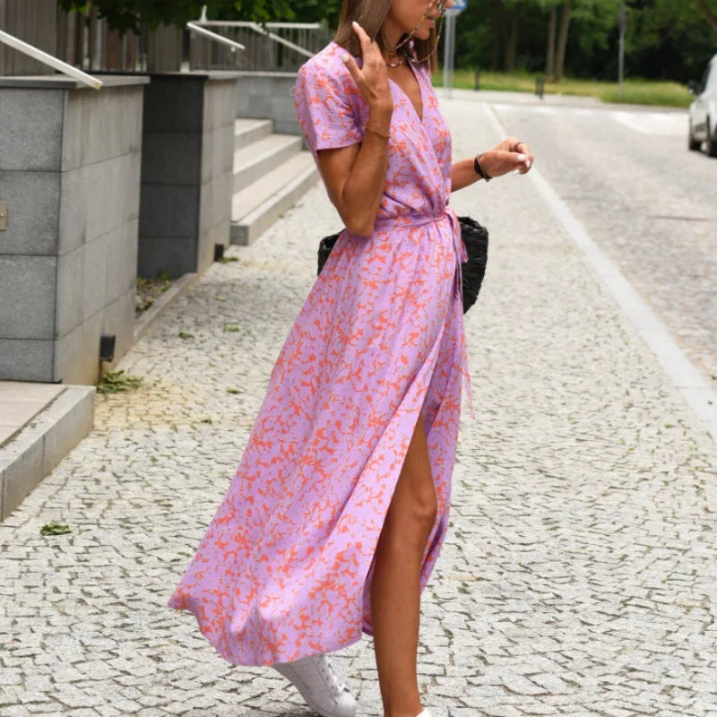 Floral Print Dress Loose Summer V Neck Short Sleeves