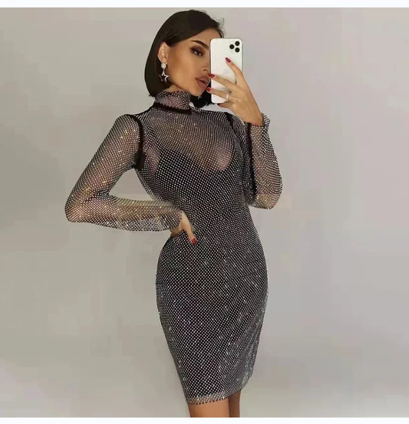 Rhinestone High Neck Glitter Party Dress Mid Length