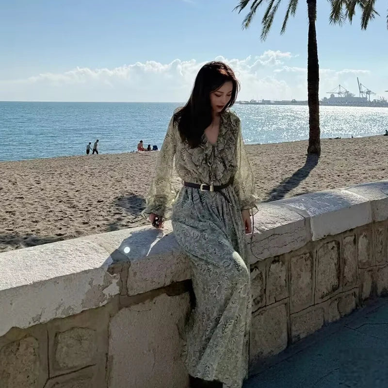 Chiffon Print V Neck Dress For Women Elegant Long Evening