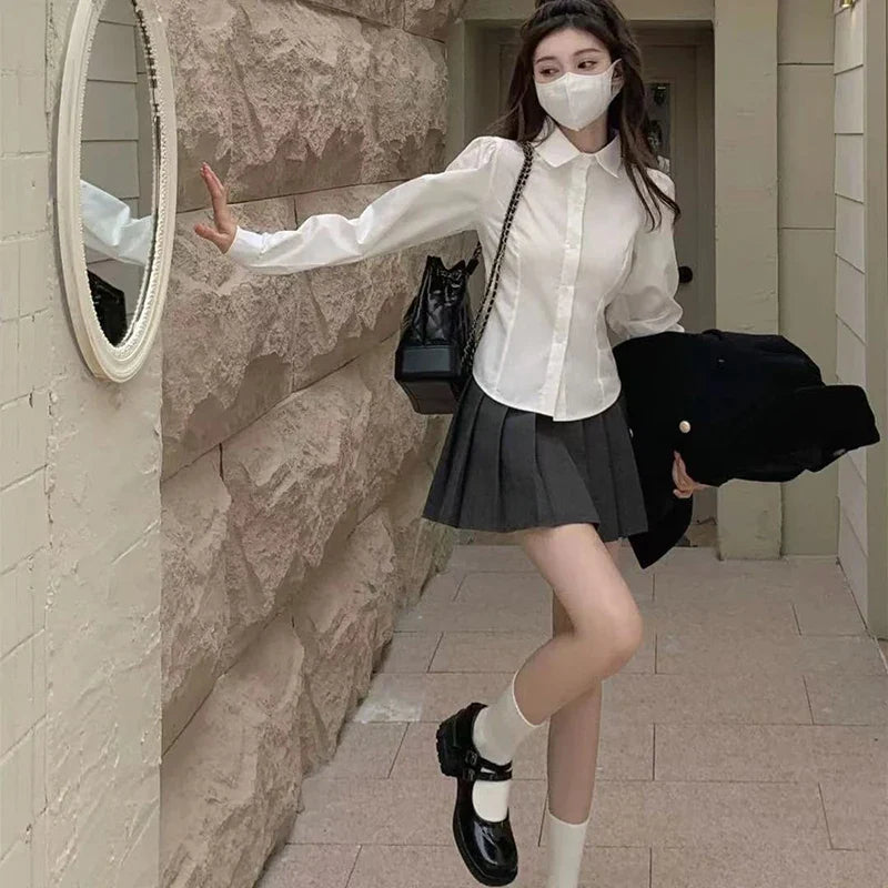 Preppy Long Sleeve White Shirt for Women Korean Chic Button-Up JK Blouse Student Uniform with Fashionable Lace-Up Detail