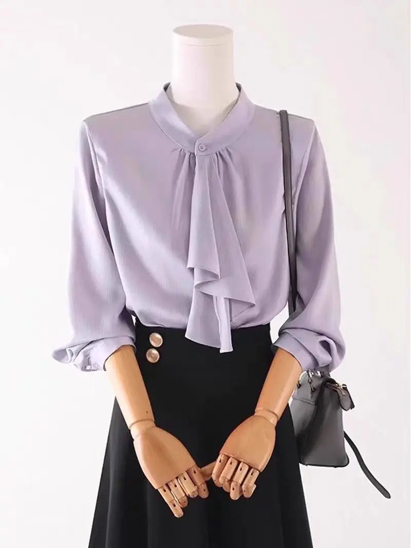 Elegant Scarf Collar Button Up Blouse for Women Long Sleeve Solid Color Temperament Top Spring Autumn Fashion Shirt