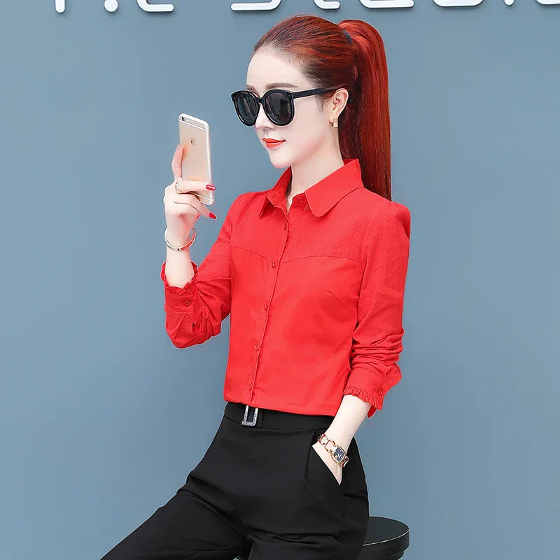 Women's Pure Cotton Long Sleeve Shirt Professional Decoration Body Contour Spring Autumn Fashion Top