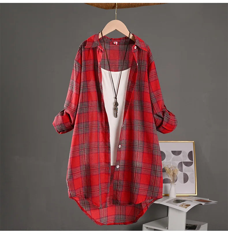 Women's Lightweight Cotton Linen Plaid Shirt Mid-Length Loose Jacket with Sun Protection for Spring and Summer Outerwear