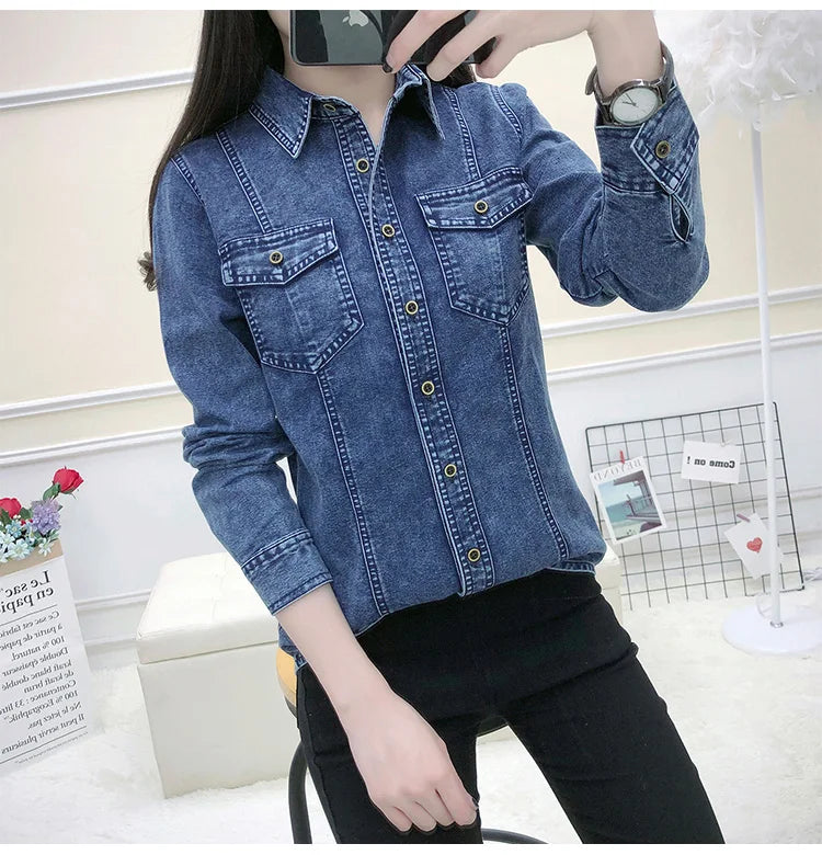 Women's High Quality Denim Shirt Long Sleeve Single Button Blouse with Pockets Casual Korean Style Autumn Winter Top